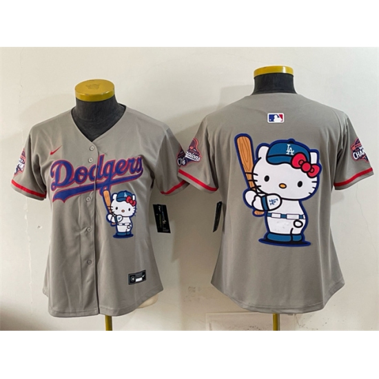 Women's Los Angeles Dodgers Team Big Logo Grey Hello Kitty Night 2025 World Series Champions Stitched Baseball Jersey(Run Small) - Ujersey