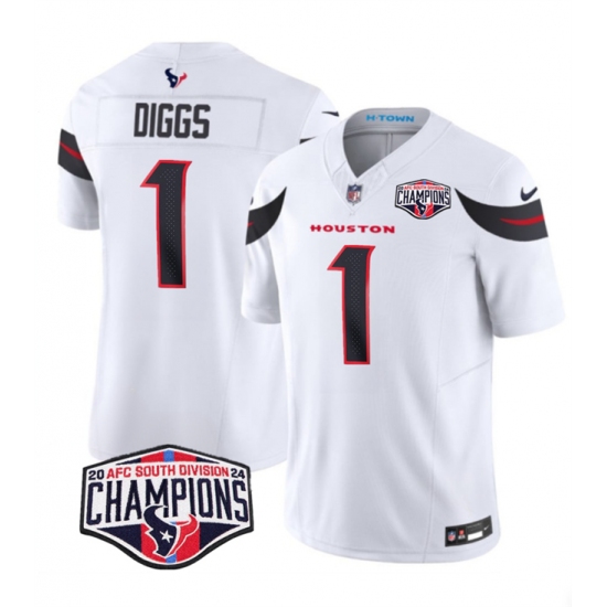 Men's Houston Texans #1 Stefon Diggs White F.U.S.E. 2024 AFC South Division Champions Vapor Limited Stitched Football Jersey - Ujersey
