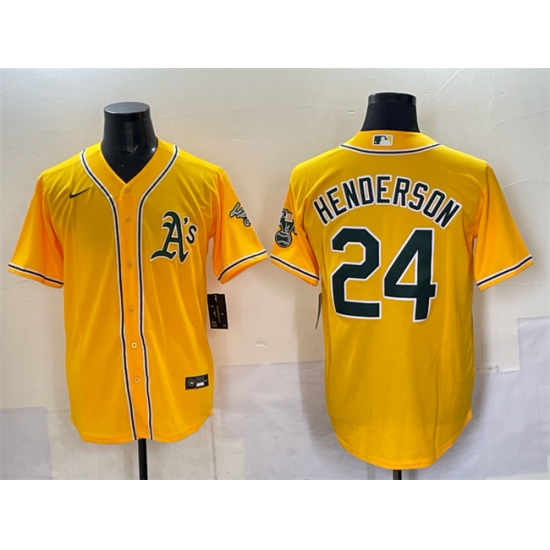 Men's Oakland Athletics #24 Rickey Henderson Yellow With Stitched Baseball Jersey - Ujersey