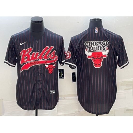 Men's Chicago Bulls Black Pinstripe Team Big Logo With Patch Cool Base Stitched Baseball Jersey - Ujersey