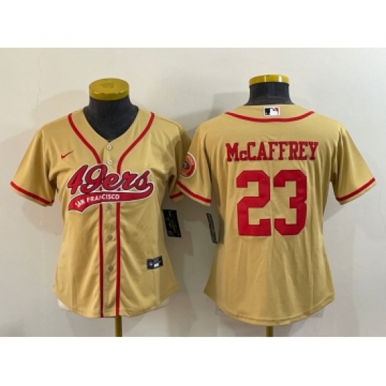 Women's San Francisco 49ers #23 Christian McCaffrey Gold With Patch Cool Base Stitched Baseball Jersey - Ujersey