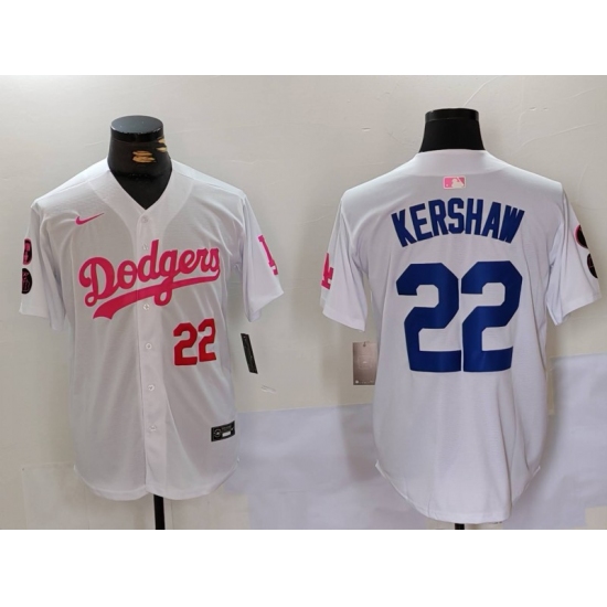 Men's Los Angeles Dodgers #22 Clayton Kershaw White Pink Vin & Kobe Stitched Baseball Jerseys - Ujersey