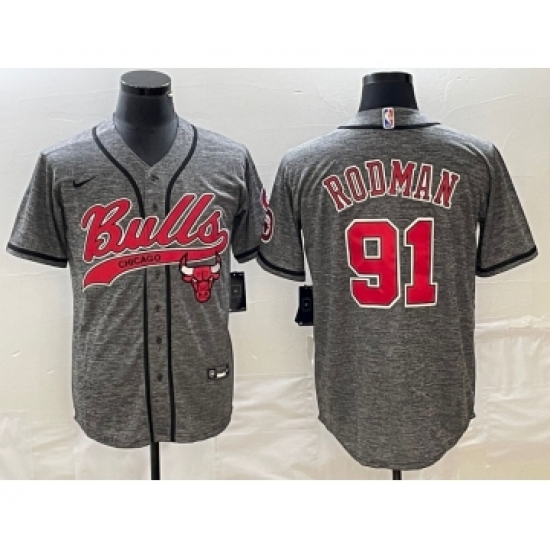 Men's Chicago Bulls #91 Dennis Rodman Grey Gridiron Cool Base Stitched Baseball Jersey