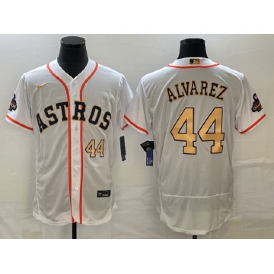 Men's Houston Astros #44 Yordan Alvarez Number 2023 White Gold World Serise Champions Flex Base Stitched Jersey1 - Ujersey