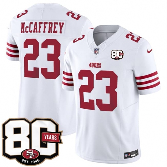 Men's San Francisco 49ers #23 Christian McCaffrey White 80th Anniversary 2026 F.U.S.E. Vapor Untouchable Limited Football Stitched Jersey - Ujersey