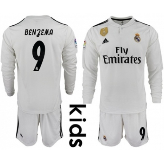 Real Madrid #9 Benzema Home Long Sleeves Kid Soccer Club Jersey