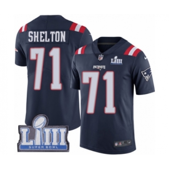 Men's Nike New England Patriots #71 Danny Shelton Limited Navy Blue Rush Vapor Untouchable Super Bowl LIII Bound NFL Jersey - Ujersey