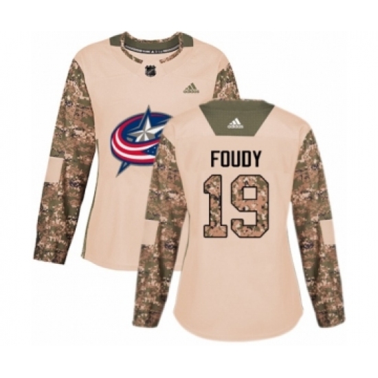 Women's Adidas Columbus Blue Jackets #19 Liam Foudy Authentic Camo Veterans Day Practice NHL Jersey - Ujersey