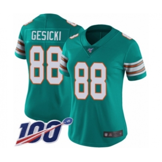 Women's Miami Dolphins #88 Mike Gesicki Aqua Green Alternate Vapor Untouchable Limited Player 100th Season Football Jersey - Ujersey