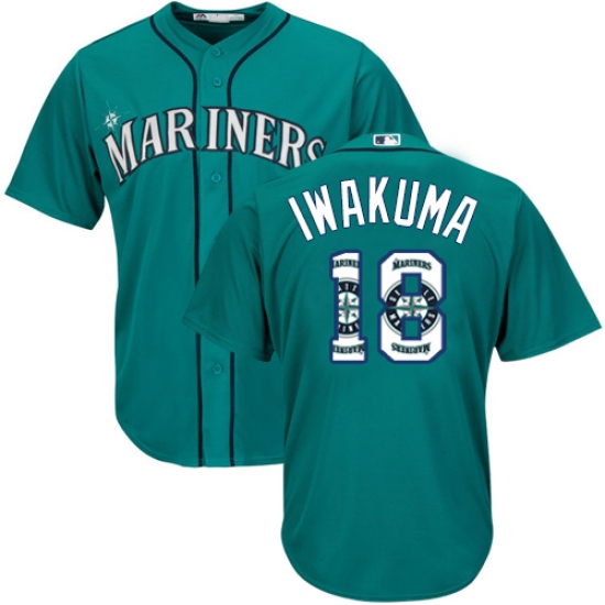 Men's Majestic Seattle Mariners #18 Hisashi Iwakuma Authentic Teal Green Team Logo Fashion Cool Base MLB Jersey - Ujersey