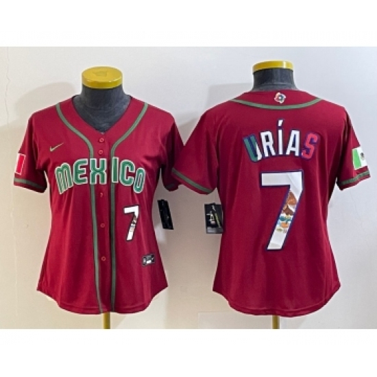 Women's Mexico Baseball #7 Julio Urias Number 2023 Red World Baseball Classic Stitched Jersey8