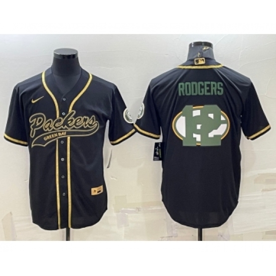 Men's Green Bay Packers #12 Aaron Rodgers Black Team Big Logo With Patch Cool Base Stitched Baseball Jersey - Ujersey