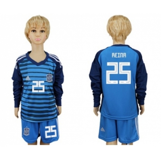 Spain #25 Reina Blue Long Sleeves Goalkeeper Kid Soccer Country Jersey