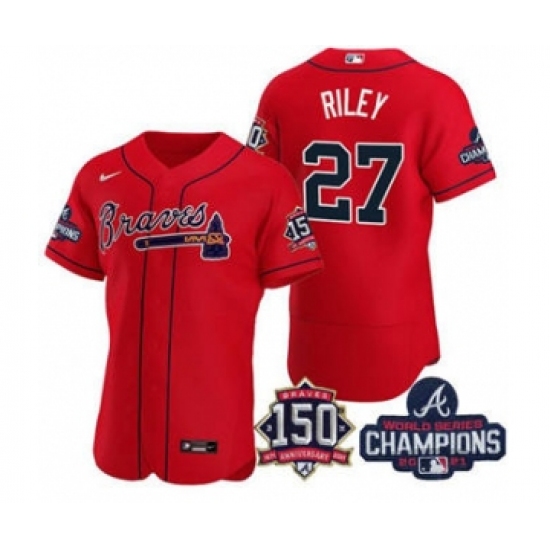 Men's Atlanta Braves #27 Austin Riley 2021 Red World Series Champions With 150th Anniversary Flex Base Stitched Jersey - Ujersey