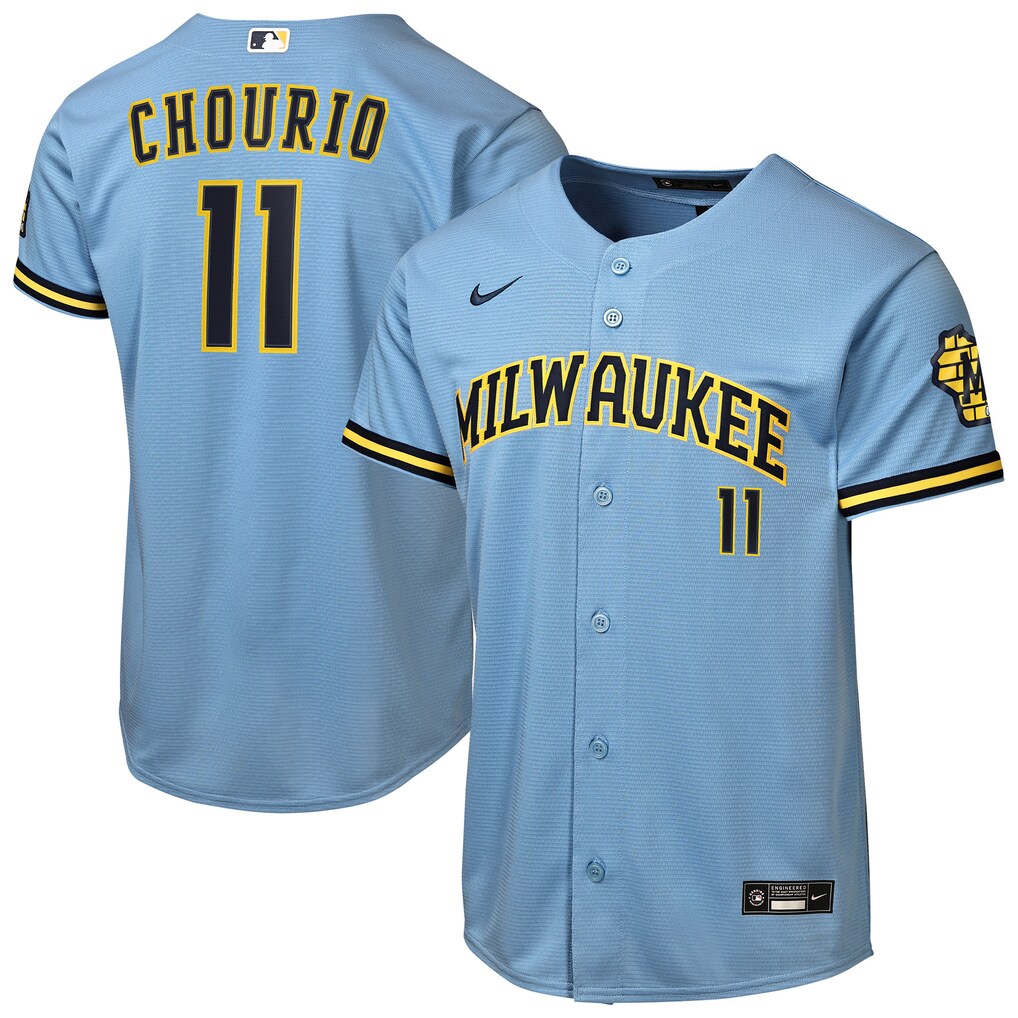 Youth Milwaukee Brewers Jackson Chourio Nike Powder Blue Road Stadium Jersey - Ujersey