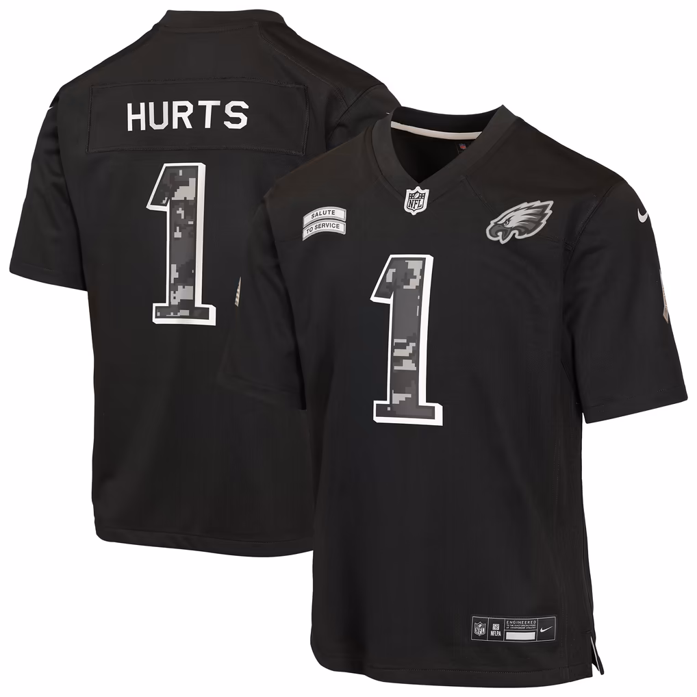 Youth Philadelphia Eagles Jalen Hurts Nike Black 2026 Salute to Service Game Jersey