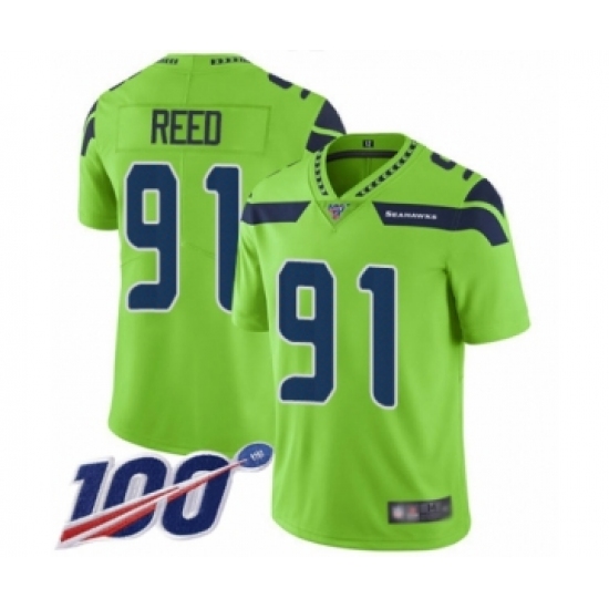 Men's Seattle Seahawks #91 Jarran Reed Limited Green Rush Vapor Untouchable 100th Season Football Jersey - Ujersey