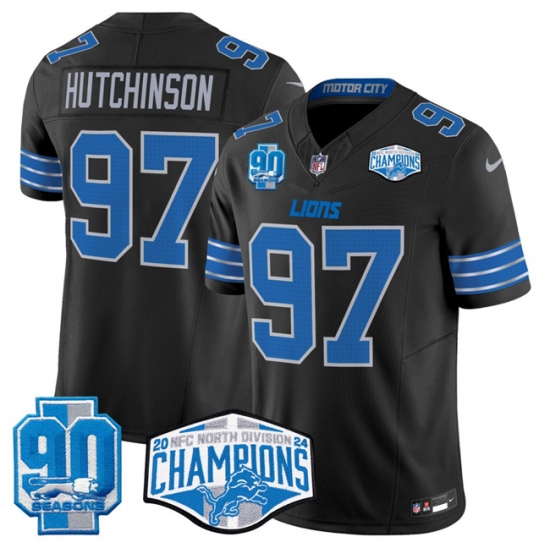 Men's Detroit Lions #97 Aidan Hutchinson Black 2024 NFC North Champions 90th Anniversary F.U.S.E. Vapor Limited Stitched Jersey - Ujersey