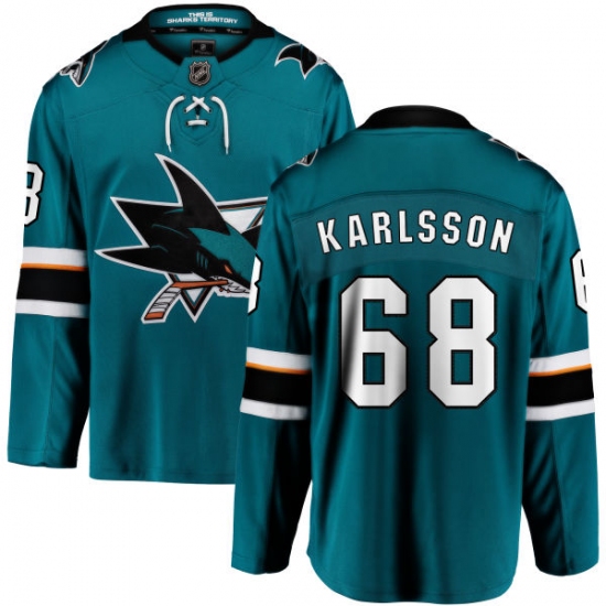 Youth San Jose Sharks #68 Melker Karlsson Fanatics Branded Teal Green Home Breakaway NHL Jersey - Ujersey
