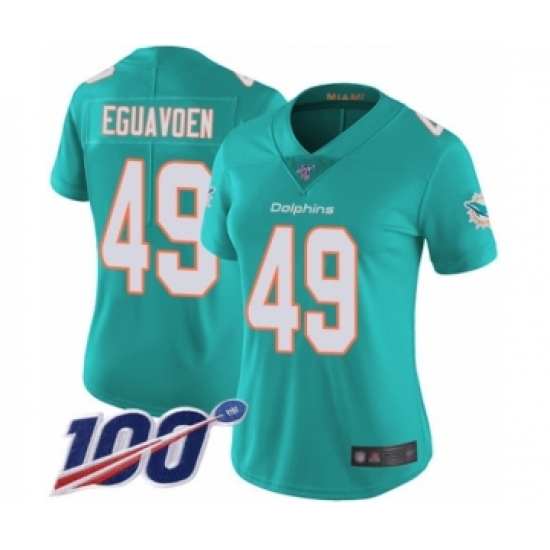 Women's Miami Dolphins #49 Sam Eguavoen Aqua Green Team Color Vapor Untouchable Limited Player 100th Season Football Jersey - Ujersey
