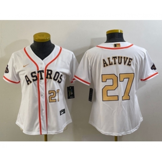 Women's Houston Astros #27 Jose Altuve Number 2023 White Gold World Serise Champions Cool Base Stitched Jerseys - Ujersey