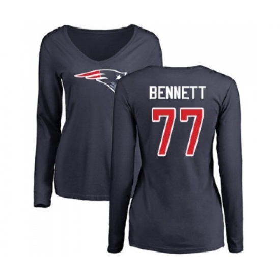 Football Women's New England Patriots #77 Michael Bennett Navy Blue Name & Number Logo Slim Fit Long Sleeve T-Shirt - Ujersey