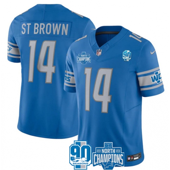 Men's Detroit Lions #14 Amon-Ra St. Brown Blue 2023 90th Anniversary North Division Champions Limited Stitched Jersey - Ujersey