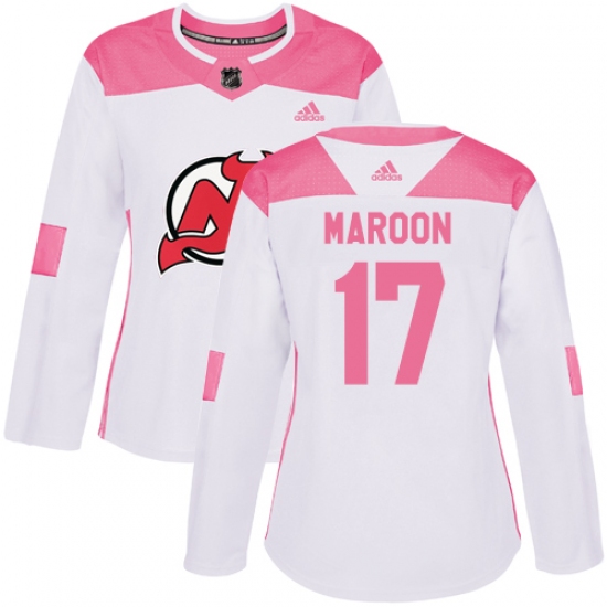 Women's Adidas New Jersey Devils #17 Patrick Maroon Authentic White Pink Fashion NHL Jersey