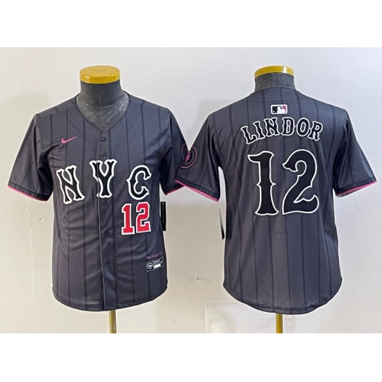 Youth New York Mets #12 Francisco Lindor Number Grey 2024 City Connect Cool Base Stitched Jerseys - Ujersey