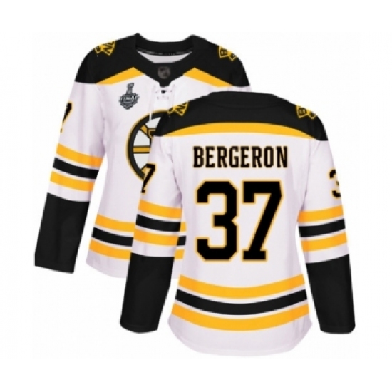 Women's Boston Bruins #37 Patrice Bergeron Authentic White Away 2019 Stanley Cup Final Bound Hockey Jersey - Ujersey
