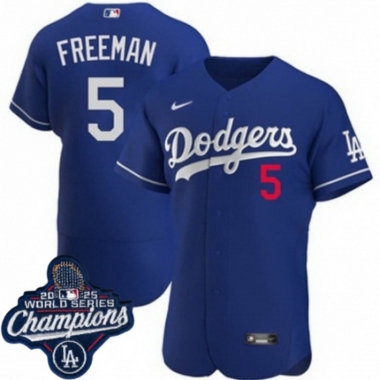 Men's Los Angeles Dodgers 5 Freddie Freeman Cool Base 2025 World Champions Stitched Baseball Jersey Blue