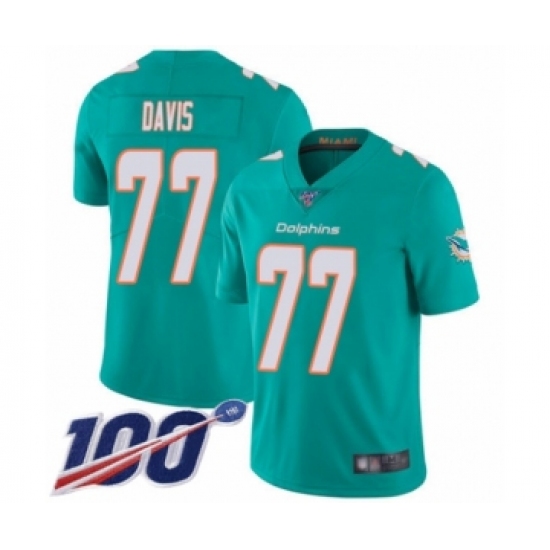 Men's Miami Dolphins #77 Jesse Davis Aqua Green Team Color Vapor Untouchable Limited Player 100th Season Football Jersey - Ujersey