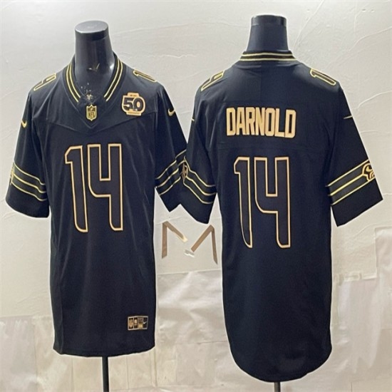 Men's Seattle Seahawks #14 Sam Darnold Black Gold 2025 F.U.S.E. 50th Season Vapor Limited Stitched Football Jersey - Ujersey