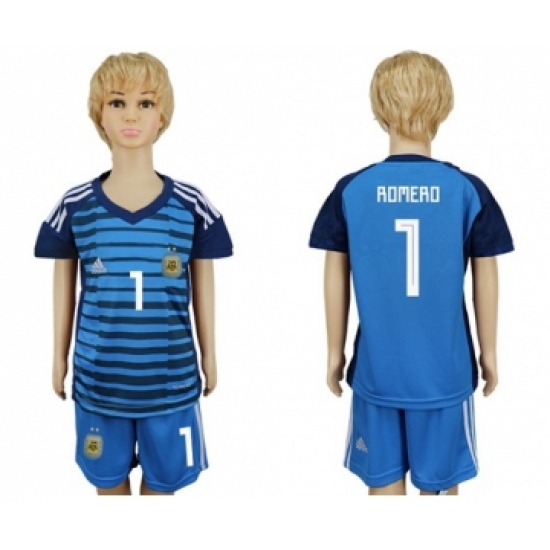 Argentina #1 Romero Blue Goalkeeper Kid Soccer Country Jersey