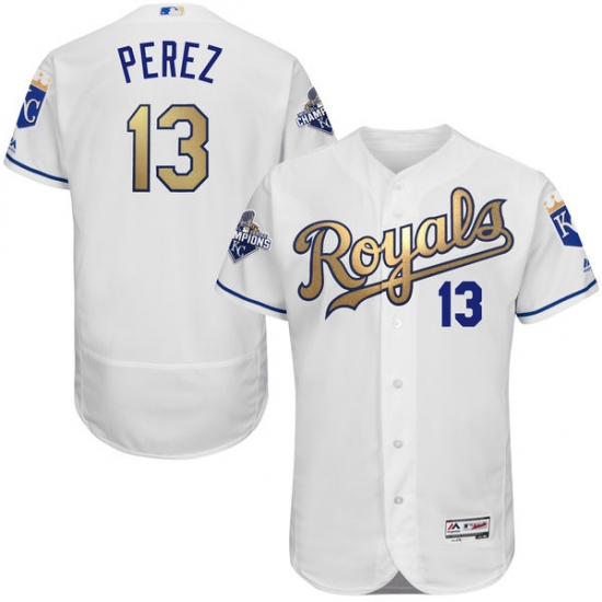 Men's Majestic Kansas City Royals #13 Salvador Perez Authentic White 2015 World Series Champions Gold Program FlexBase MLB Jersey - Ujersey