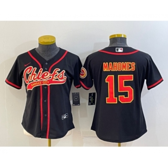 Women's Kansas City Chiefs #15 Patrick Mahomes Black With Patch Cool Base Stitched Baseball Jersey - Ujersey