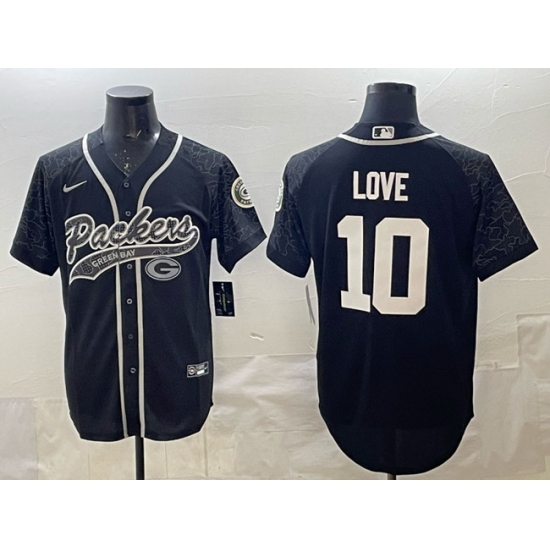 Men's Green Bay Packers #10 Jordan Love Black Reflective With Cool Base Stitched Baseball Jersey