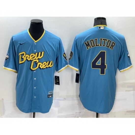 Men's Milwaukee Brewers #4 Paul Molitor Blue 2022 City Connect Cool Base Stitched Jersey - Ujersey