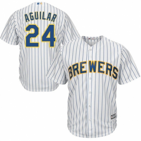 Men's Majestic Milwaukee Brewers #24 Jesus Aguilar Replica White Home Cool Base MLB Jersey