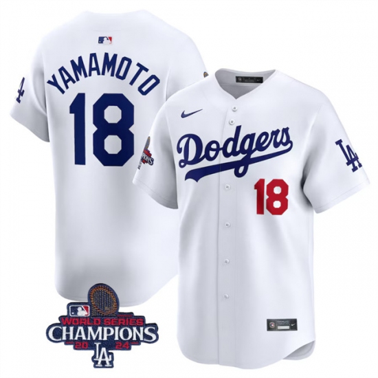 Men's Los Angeles Dodgers #18 Yoshinobu Yamamoto White 2024 World Series Champions Home Limited Stitched Baseball Jersey - Ujersey
