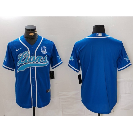 Men's Detroit Lions Blank Blue With 90th Cool Base Stitched Baseball Jersey - Ujersey