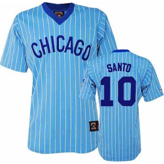 Men's Majestic Chicago Cubs #10 Ron Santo Authentic Blue/White Strip Cooperstown Throwback MLB Jersey - Ujersey