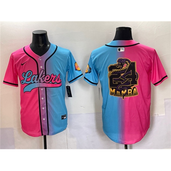 Men's Los Angeles Lakers Team Big Logo Pink Blue Limited Stitched Baseball Jersey - Ujersey