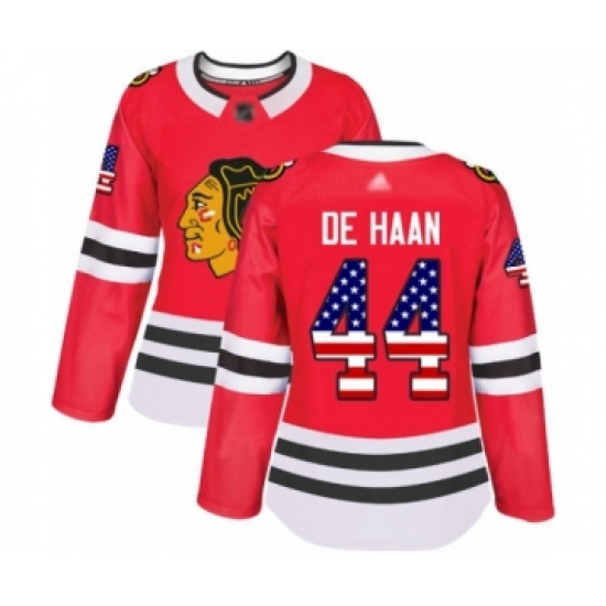 Women's Chicago Blackhawks #44 Calvin De Haan Authentic Red USA Flag Fashion Hockey Jersey - Ujersey