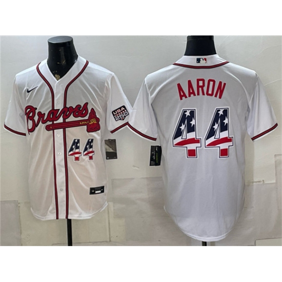 Men's Atlanta Braves #44 Hank Aaron White USA 250 Fourth of July Home Stadium Stitched Baseball Jersey