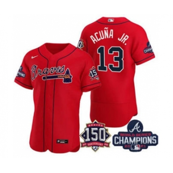 Men's Atlanta Braves #13 Ronald Acuna Jr. 2021 Red World Series Champions With 150th Anniversary Flex Base Stitched Jersey - Ujersey