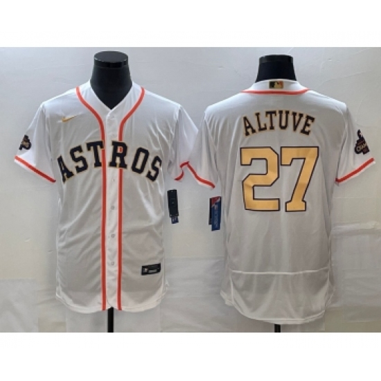 Men's Houston Astros #27 Jose Altuve 2023 White Gold World Serise Champions Flex Base Stitched Jersey - Ujersey