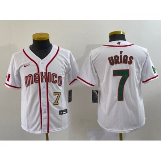 Youth Mexico Baseball #7 Julio Urias Number 2023 Red World Baseball Classic Stitched Jersey