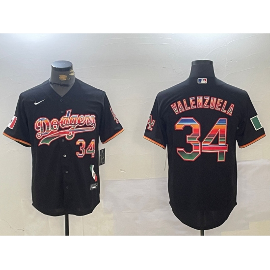 Men's Los Angeles Dodgers #34 Fernando Valenzuela Black Rainbow Mexico Cool Base Stitched Fashion Jersey - Ujersey
