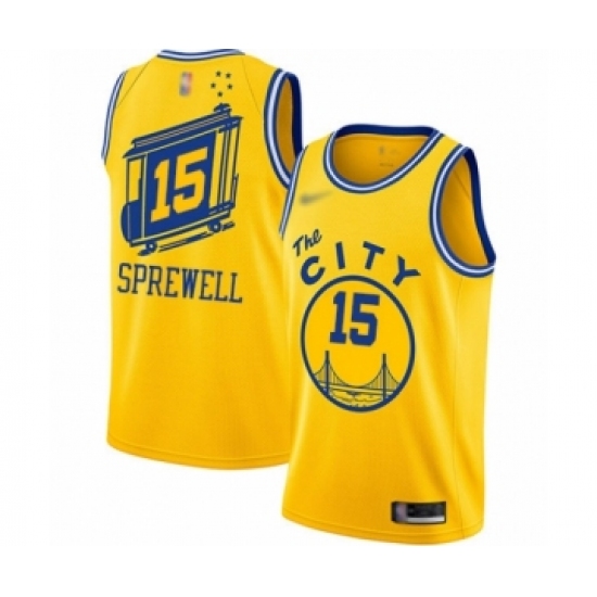 Men's Golden State Warriors #15 Latrell Sprewell Authentic Gold Hardwood Classics Basketball Jersey - The City Classic Edition - Ujersey